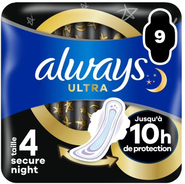 Always ultra Secure Night - Serviettes Hygiéniques Lot de 2 paquets 2x9 pièces